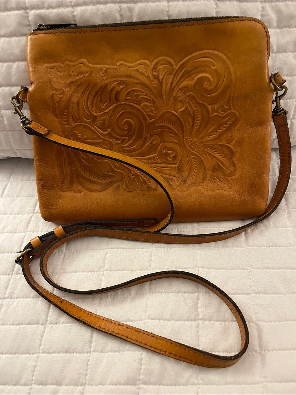 Patricia Nash Embossed Leather Crossbody Bag in Cognac Tan